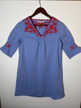 Madewell Blue Red Embroidered Cotton Tunic Dress XXS Boho Floral